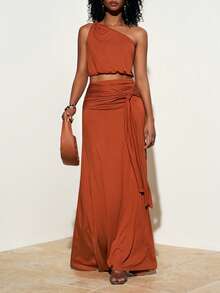 Zivah 新款夏季休闲度假波西米亚风套装，宽松红棕色针织单肩背心搭配系带百褶A字裙，两件套设计。适合日常穿着、旅行、度假、海滩、休闲风、西部风情、派对、节日、音乐节、机场穿搭、早午餐等场合。 - 鏽棕色 - 查看 7