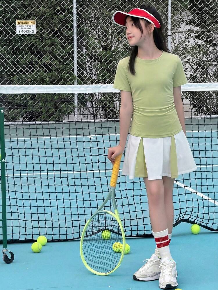Tween Girl Solid Color Short Sleeve T-Shirt And Contrast Color Skirt Sports Set Summer