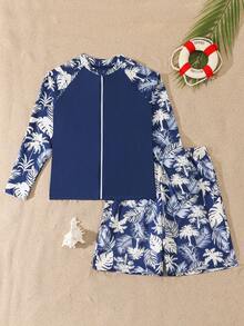 SHEIN 青少年男孩热带印花两件式泳衣 - 藍色 - 查看 3