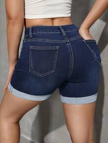 SHEIN Tall Women's Summer Casual High Waist Denim Shorts High-Stretch, Comfortable Fabric Cuffed Hem Dark Blue Stretchy Jean Shorts With Pockets Perfect For Beach & Vacation Outfits Women's Solid Color Casual Denim Shorts - Dark Wash - View 2