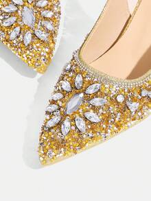 CUCCOO TILAWA Women's Cloth Square And Glass Rhinestone Decorative Pointed Women's High-Heeled Shoes, Suitable For Going Out, Banquets, Parties And Other Activities - Gold - View 10