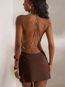 Opulessa 纯色编织露背吊带迷你连衣裙，适合春夏度假穿着 - 棕色 - 查看 1