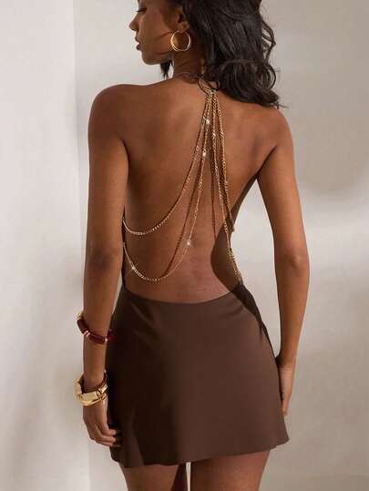 Opulessa 纯色编织露背吊带迷你连衣裙，适合春夏度假穿着