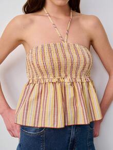 Nöista Striped Halter Top With A Smocked Bodice And A Flared, Peplum Hem. Spring, Summer, Easter. - Yellow - View 3
