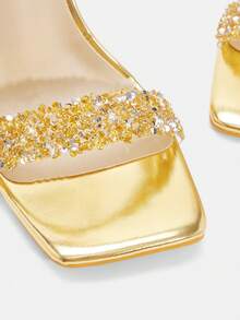 Glitzique 11 厘米女式高跟鞋,夏季踝带新款高跟凉鞋,女士不对称鞋跟金色高跟凉鞋,带玻璃水钻,金属材质尖头性感派对风格鞋 - 金色 - 查看 11