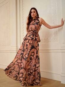 ZEYLAH Elegant Romantic Waist Cinching Umbrella Print 2 Pieces Set, Spring/Summer - Black - View 7