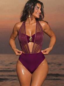 Swim SXY 2026春夏新款畅销连体泳衣，性感系带纯色比基尼，适合海滩穿着 - 酒紅色 - 查看 1