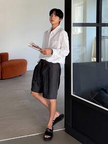 DAZY Men's White Polo Collar Long Sleeve Casual Pocket Shirt, Spring Summer - White - View 4