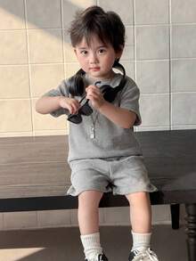 DAZY 2pcs/Set Baby Boy Korean Style Round Neck Short Sleeve Casual T-Shirt And Shorts Set Summer - Grey - View 4