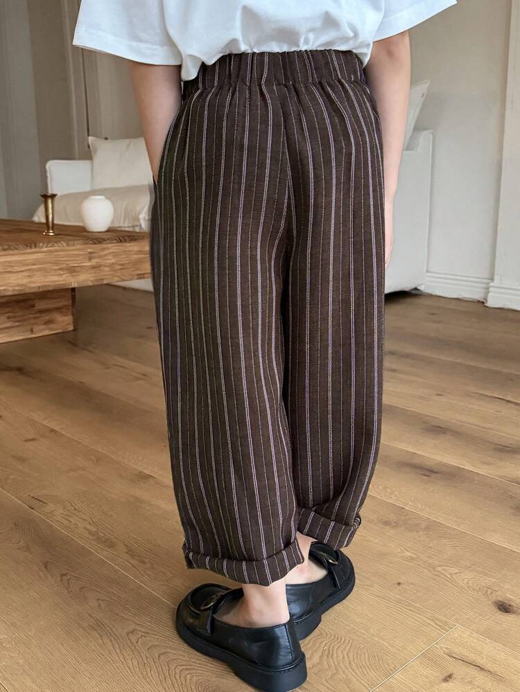Young Boy Elastic Waist Pocket Striped Wide Leg Loose Casual Pants