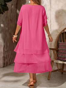 EMERY ROSE Plus Size Casual Dress, White Round Neck Sleeveless Asymmetrical Flowing Hem, Bohemian Style, Suitable For Spring & Summer - Hot Pink - View 2