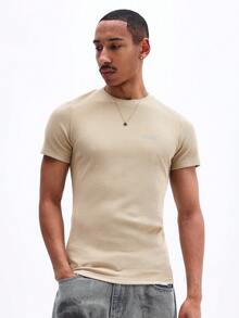 SUMWON Men's Slim Fit Ribbed Knit Crew Neck Short Sleeve T-Shirt With Small Chest Logo Embroidery Casual Summer Everyday Basic Tee - Brown - View 1