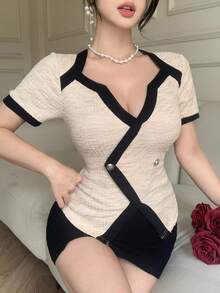 DAZY Chaqueta ligera de mujer elegante con parches de color contrastante y asimétrica, para verano - Albaricoque - Ver 5