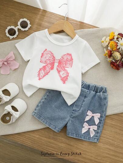 Cozy Pixies Baby Girls' White Butterfly Print T-Shirt With 3D Bow Decor And Denim Shorts Set