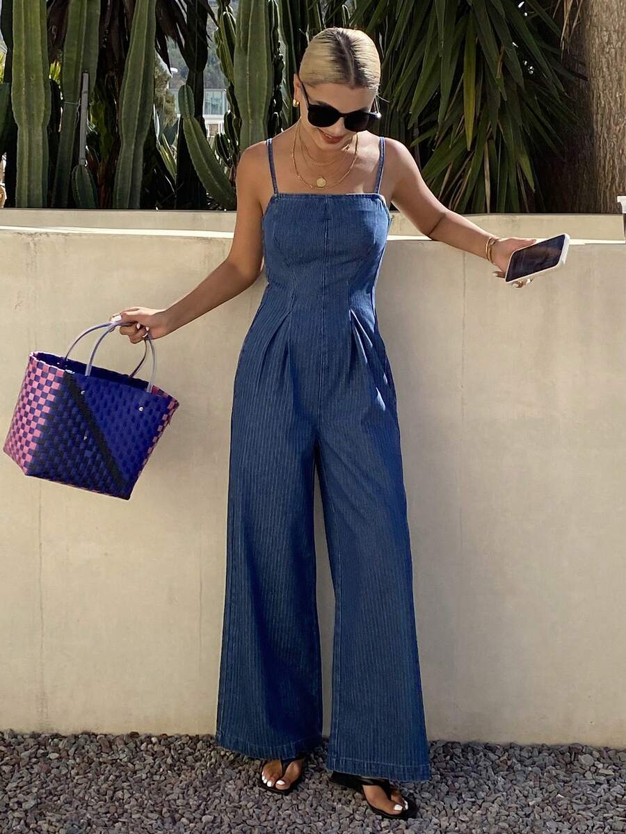DAZY Women's Casual Striped Spaghetti Strap Wide Leg Denim Jumpsuit, Summer - Medium Wash - View 1
