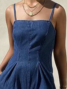 DAZY Women's Casual Striped Spaghetti Strap Wide Leg Denim Jumpsuit, Summer - Medium Wash - View 8