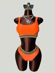 Slaydiva Conjunto de bikini de talle alto y cinta de contraste de talla grande, traje de baño de verano para playa - Naranja - Ver 1