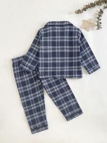 Bộ 2 áo sơ mi kẻ caro dài tay và quần dài thường ngày cho bé trai, trang phục mặc nhà thoải mái cho mùa thu/đông - Xanh đậm - Xem 2