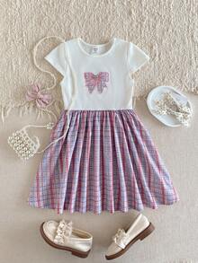 PrepCrw 1 pièce Robe courte à col rond élégante et ajustée avec imprimé à carreaux blanc et rose pour jeunes filles, convient pour le port quotidien, la rentrée scolaire, les sorties, les rassemblements, les festivals, le printemps et l'été - Multicolore - Voir 2