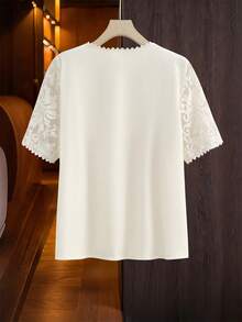 Lacomfia 米色和杏色蕾丝随机花卉图案优雅时尚半袖纽扣衬衫简约百搭宽松版型大码衬衫 - 杏色 - 查看 2