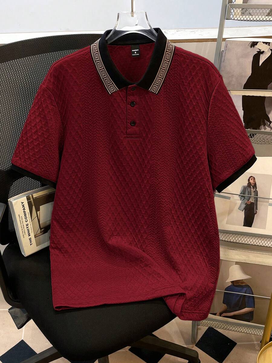 Manfinity Joysei Stylish Men's Burgundy Polo Shirt With Rib-Knit Pattern Short Sleeve Knitted Fabric Regular Length Polo Shirt For Men - Burgundy - View 1