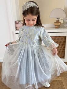 DAZY Girls Young Girl Fall Clothes Gold Thread Embroidered Mesh Tulle Dress - White - View 4