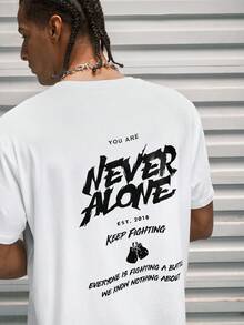 Modcrash 男士励志“永不孤单”拳击图案 T 恤 - 柔软透气面料，常规版型休闲 T 恤，带有励志口号和 2019 年休闲图案设计 - 白色 - 查看 3