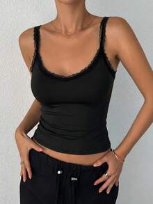 DAZY 女士纯色蕾丝边修身休闲日常上衣 - 黑色 - 查看 6