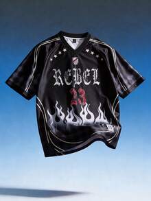 ROMWE MEN 男士字母火焰印花宽松运动T恤 - 黑色 - 查看 1