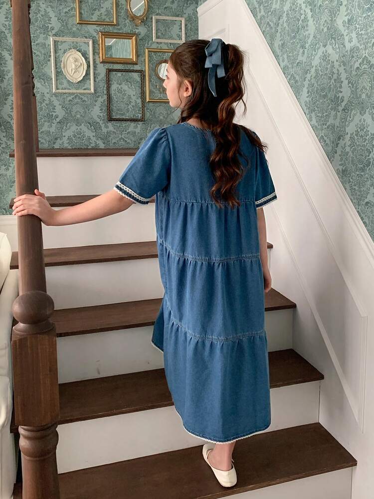 Tween Girls Round Neck Puff Sleeve Denim Dress
