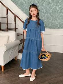 DAZY Vestido vaquero con cuello redondo y mangas abullonadas para niñas preadolescentes - Azul - Ver 7