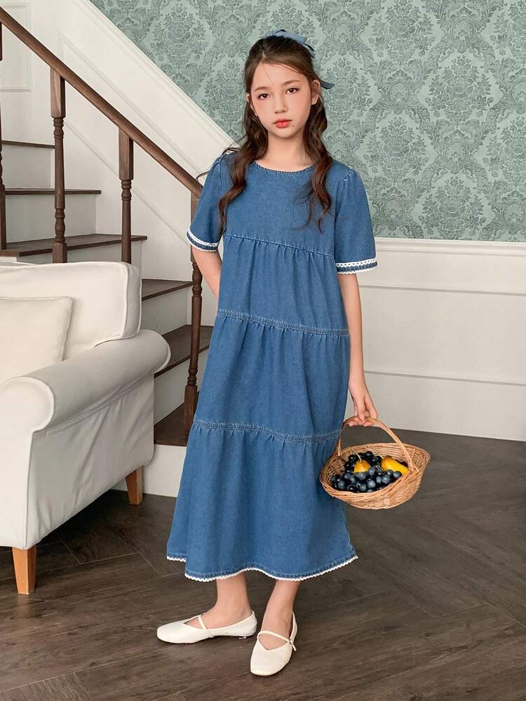 Tween Girls Round Neck Puff Sleeve Denim Dress