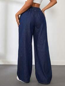 SHEIN Tall 女士休闲日常牛仔刺绣松紧腰宽松牛仔裤 - 黑色 - 查看 3