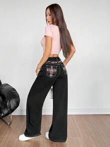SHEIN PETITE Women's Cross Embroidery Pocket Wide Leg Loose Casual Jeans - White - View 3