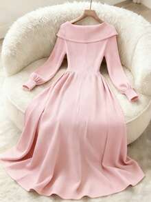 Franclia Vestido de punto con escote en V francés para mujer, falda acampanada con cintura ceñida, elegante y suave, adecuado para fiestas y citas - Rosa - Ver 2