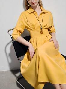 Aveloria Modichic Fashionable Design Sense Elegant Versatile Slimming Waist Solid Color Long Sleeve Dress - Yellow - View 2