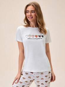 Bộ đồ nữ Cotton Line gồm áo tay ngắn cổ tròn màu trơn họa tiết trái tim và quần dài. - Màu be - Xem 3