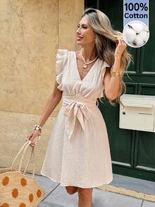 SHEIN Frenchy Đầm ngắn nữ màu trơn cổ chữ V tay ngắn hở lưng thắt eo kiểu dáng thường ngày - Màu be - Xem 2