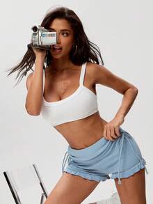 Denimoi Pantalones cortos de mujer de unicolor con diseño anudado, dobladillo con volantes, versátiles para uso diario - Celeste - Ver 4