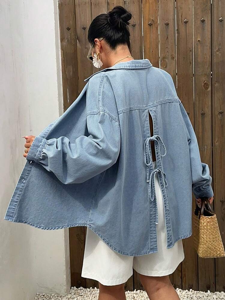 Dazy Plus Light Wash Blue Back Slit Tie Design Casual Loose Denim Blouse Shirt, Suitable For Work & Commute, Spring/Summer