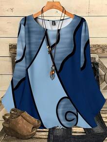 EMERY ROSE Plus Size Women Spring/Autumn Casual Full Print Round Neck Loose 3/4 Sleeve Shirt Chic Blouses For Women - Multicolor - View 3