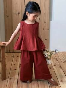 DAZY Baby Girl Sleeveless Blouse And Wide Leg Pants Korean Style Set - Red - View 1