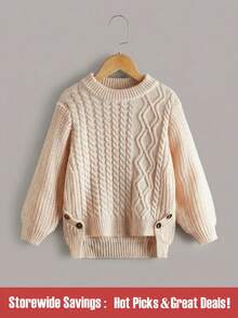 SHEIN Áo len dệt kim gân viền bất đối xứng cho bé gái và bé gái có họa tiết dây cáp, thanh lịch và dễ thương, chất lượng cao, ấm áp và mềm mại, đa năng để chơi, mặc hàng ngày, đi học, thu đông - Màu be - Xem 1