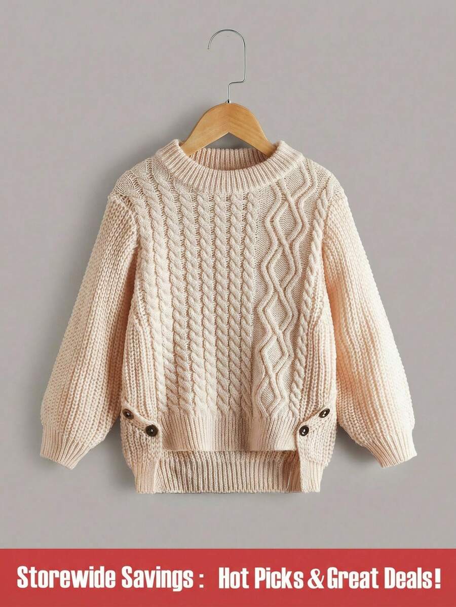 SHEIN Áo len dệt kim gân viền bất đối xứng cho bé gái và bé gái có họa tiết dây cáp, thanh lịch và dễ thương, chất lượng cao, ấm áp và mềm mại, đa năng để chơi, mặc hàng ngày, đi học, thu đông - Màu be - Xem 1