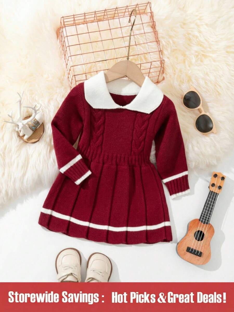 Baby Girls Cable Knit Pleated Winter Dress - Burgundy - View 1
