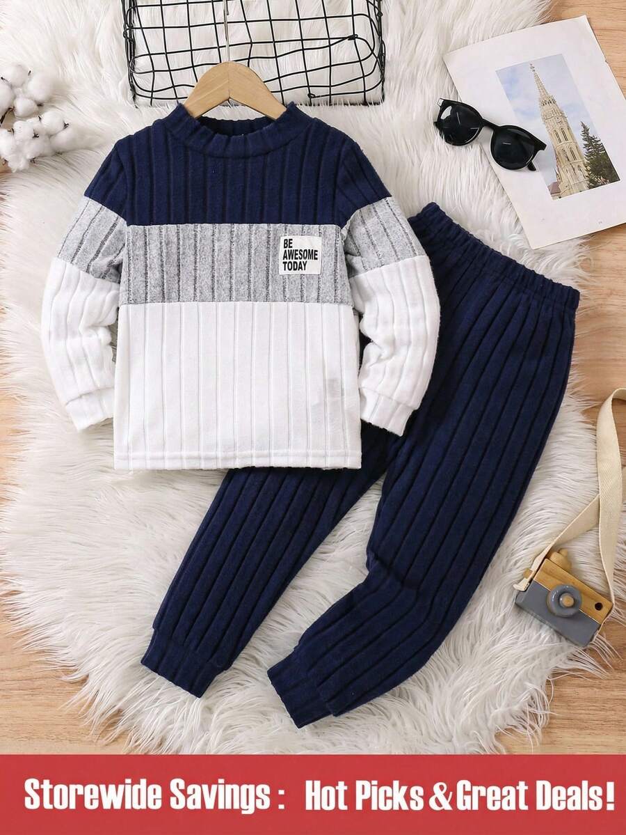 SHEIN Bộ 2 chiếc áo nỉ và quần dài thường ngày dành cho bé trai trẻ màu lông cừu, trang phục thu đông thích hợp cho hoạt động ngoài trời, nhiều dịp, thoải mái và ấm áp - Nhiều màu - Xem 1