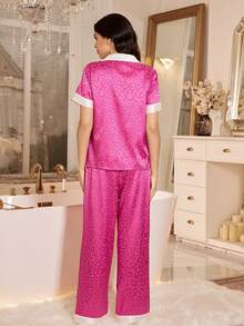 Conjunto de pijama de mujer con contraste de estampado de leopardo, cuello de solapa y manga corta - Rosa Fucsia - Ver 2