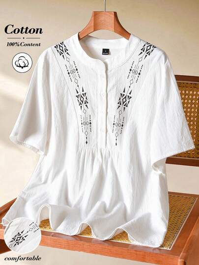 Rusticease Printed White Casual Women Short Sleeve Blouse, Spring/Summer