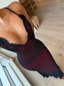 LHSEPT V-Ausschnitt Kontrast Spitze Rückenfreies Kreuzträger Netz Meerjungfrau Saum Bodycon Slip Kleid für Frauen Maxi Frauen Outfit Party - Verschiedenfarbig - Übersicht 3