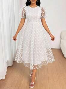 SHEIN Lady 女士波点网纱圆领花瓣袖优雅中长连衣裙 - 白色 - 查看 3